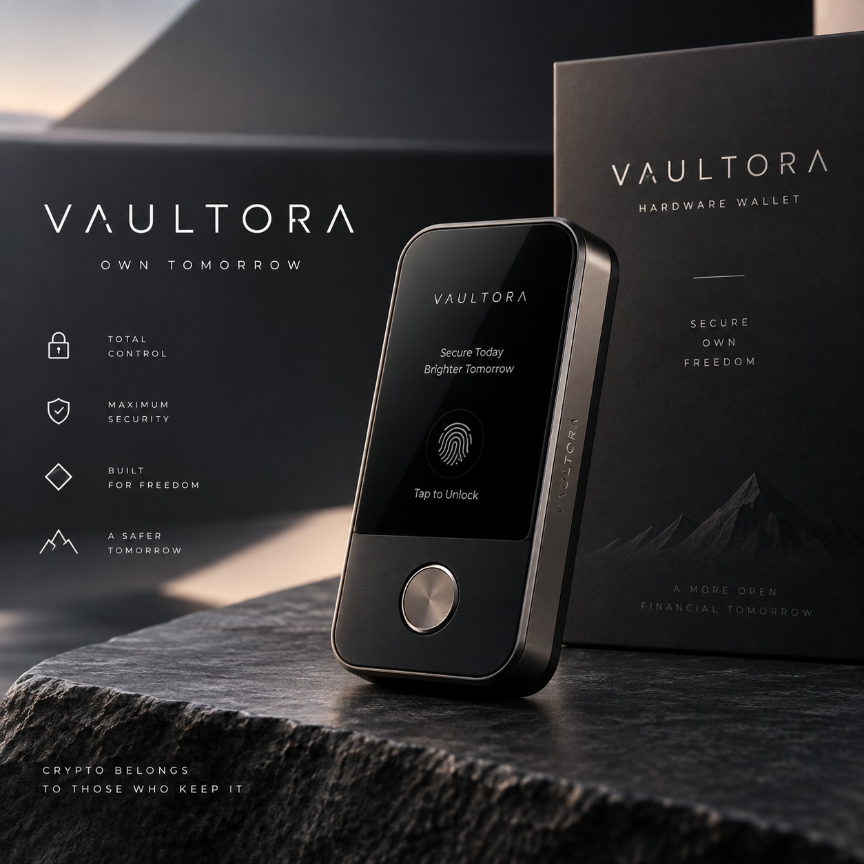 VAULTORA black hardware wallet with bronze detailing, displayed on stone beside its packaging